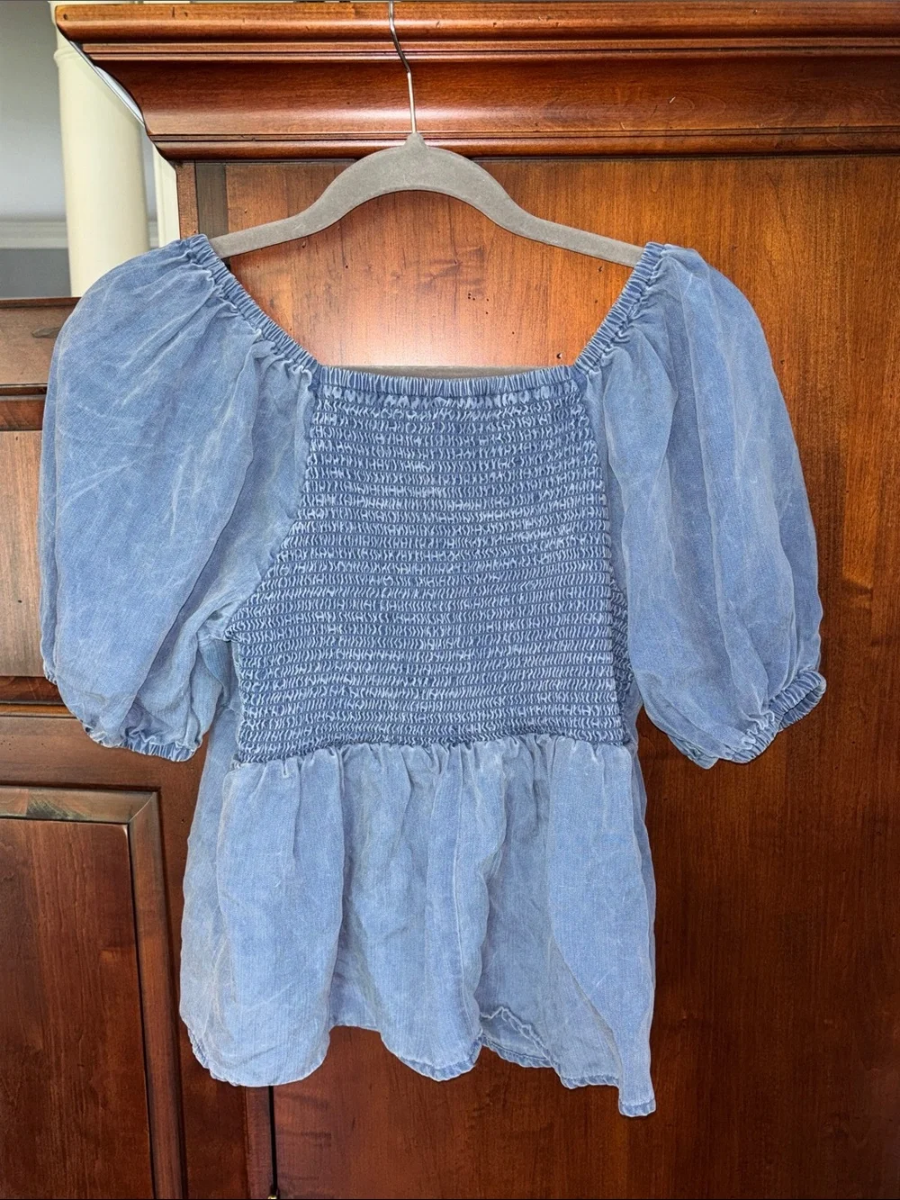 Old Navy Puff-Sleeve Smocked Babydoll Distressed Washed Blouse